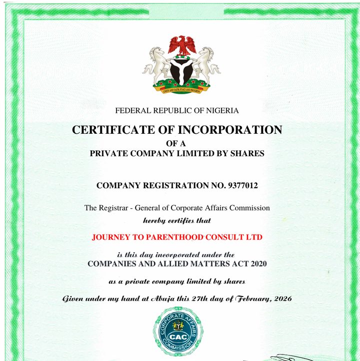 Certificate of incorporation from the Corporate Affairs Commission, Nigeria, for Journey to Parenthood Consult, RC 9377012