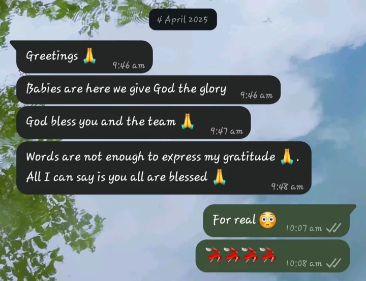 A WhatsApp message from a parent, 4 April 2025: Greetings. Babies are here, we give God the glory. God bless you and the team. Words are not enough to express my gratitude. All I can say is you all are blessed.