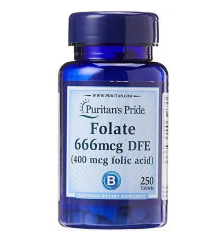 Puritan's Pride Folate Folic Acid 400 mcg (665 mcg DFE), Dietary Supplement for Nervous System Function, 250 Tablets, 250 Day Supply