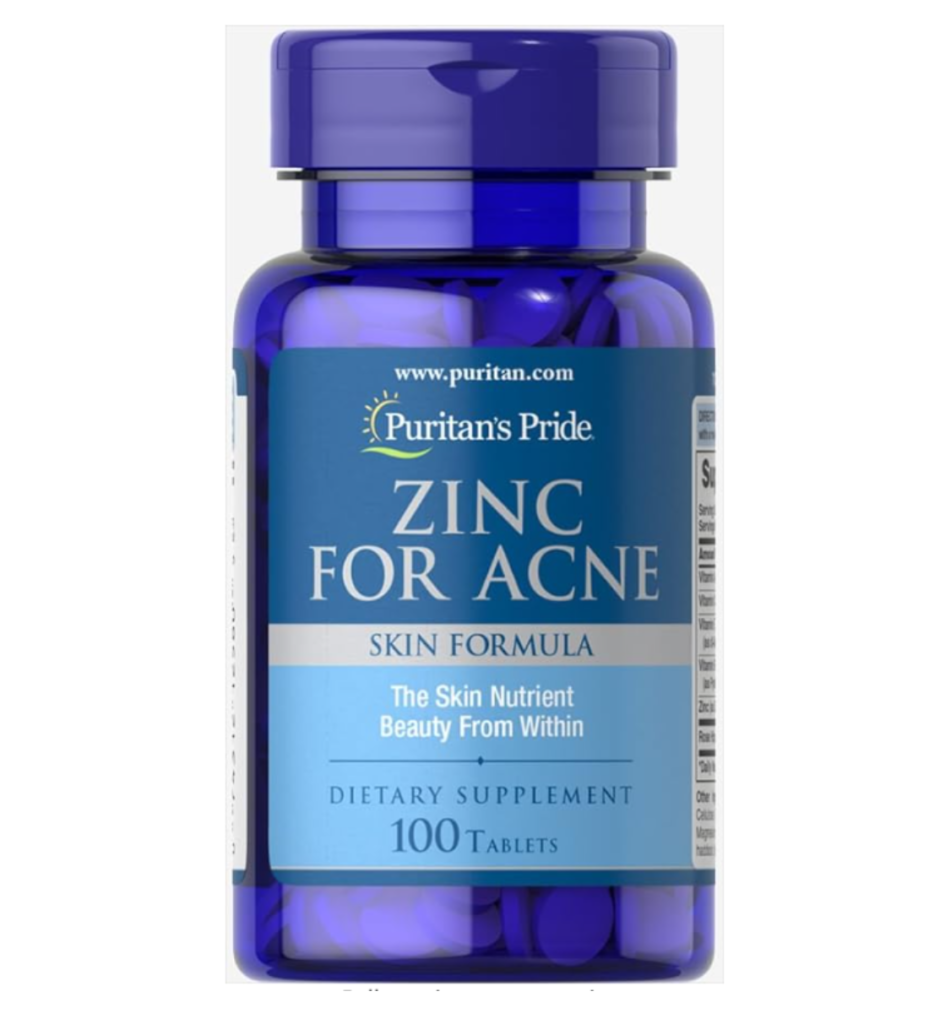 Puritan's Pride Zinc for Acne Skin Formula with Vitamins C, B-6, A, and E for Men and Women, Dietary Supplement for Clear Healthy Skin, Immune System, Cell Division and Growth Support, 100 Tablets