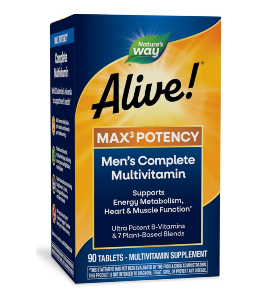 Nature’s Way Alive! Men’s Max3 Potency Multivitamin, Supports Energy Metabolism*, Heart & Muscle Function*, with Methylated B12 and Folate, Gluten-Free, 90 Tablets (Packaging May Vary)